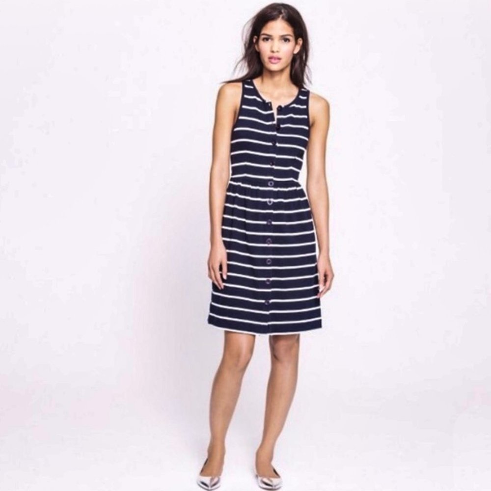 J CREW navy + white stripe sleeveless button dress